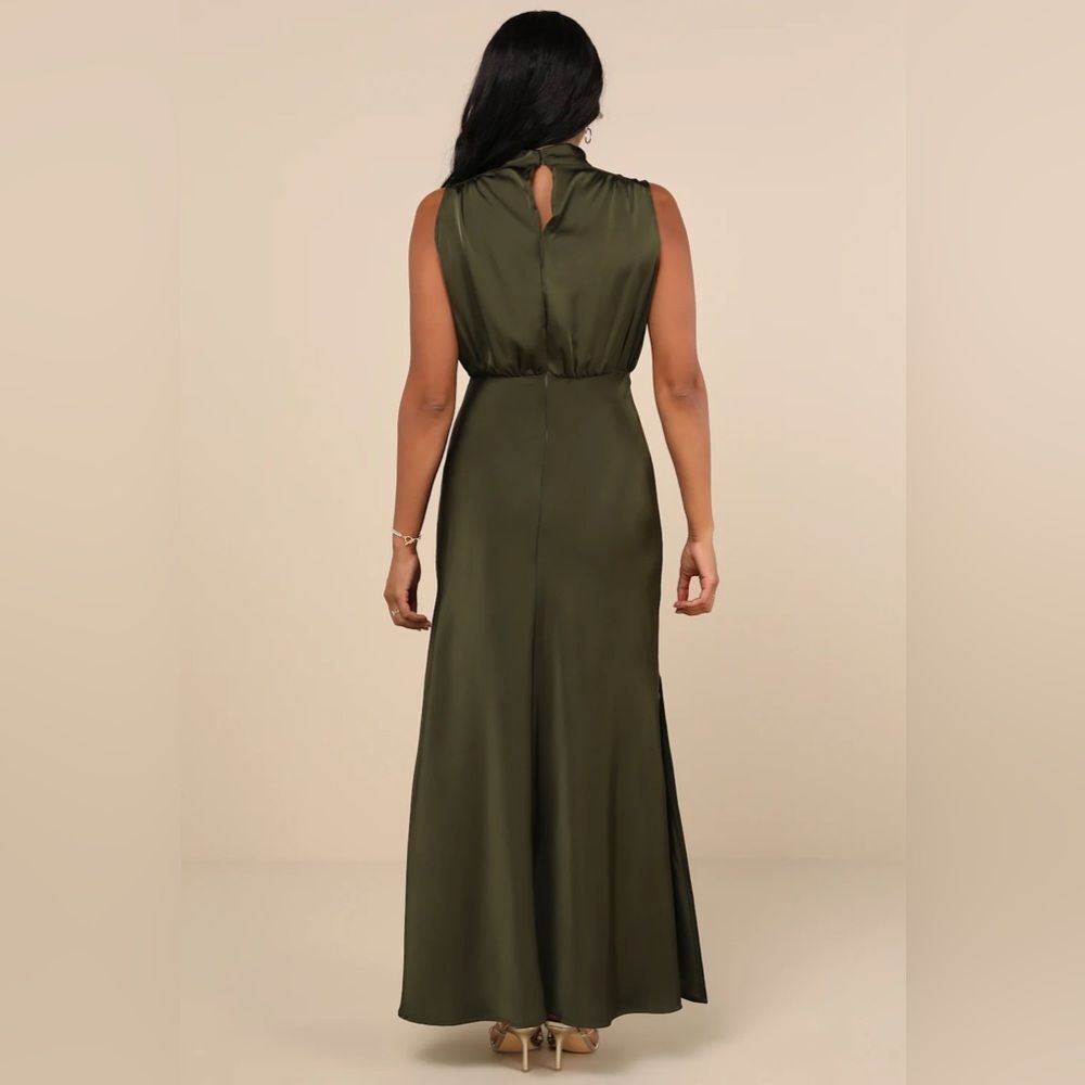 Lulus Classic Elegance Olive Satin Sleeveless Mock Neck Maxi Dress - Picture 12 of 16